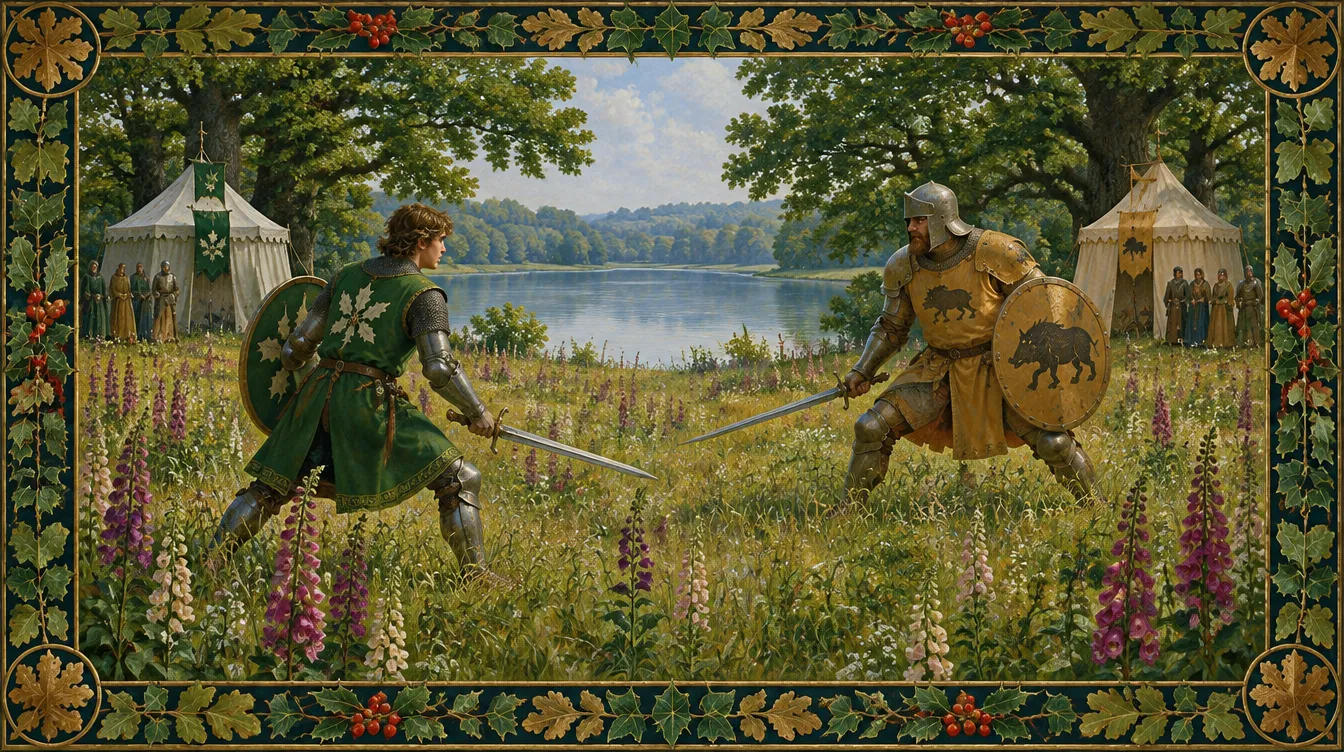 Aedric berduel dengan ksatria berzirah oker di padang foxglove di tepi danau